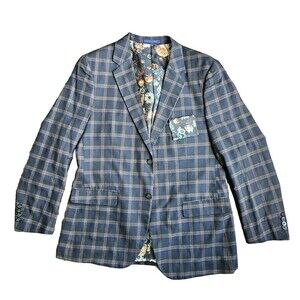 Alan Flusser Blue Plaid Blazer Men's Large Floral Lining W/ Pocket Square